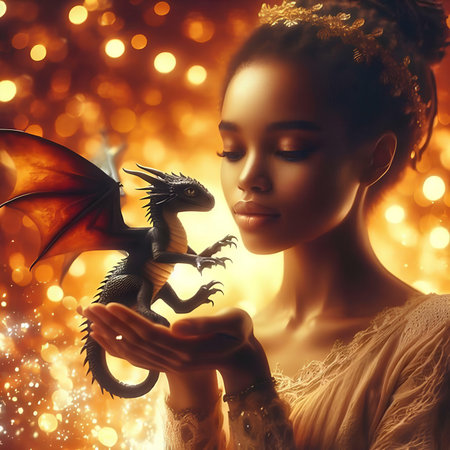 Beautiful young woman with dragon in her hands. Fairytale.の素材