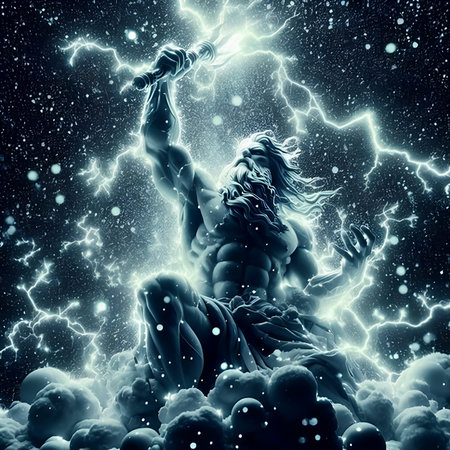 Digital illustration of an angel in a dark space with lightning and starsの素材