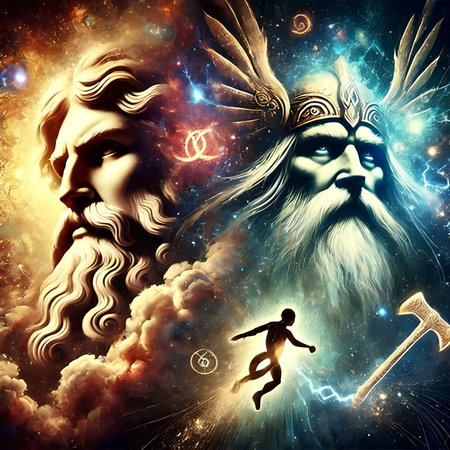 Zeus god in the universe. Fantasy illustration. 3D renderingの素材
