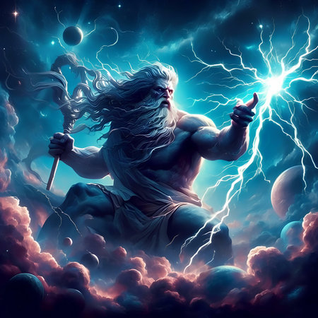 Man with lightning in the sky. 3D illustration. Fantasy.の素材
