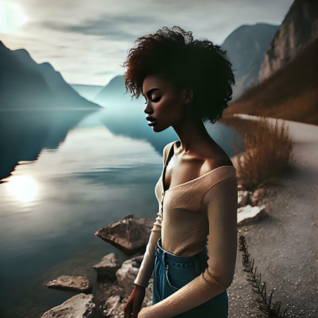 Beautiful african american woman in the mountains. 3d renderingの素材