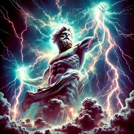 3D illustration of a man in the sky with lightning and thunderの素材