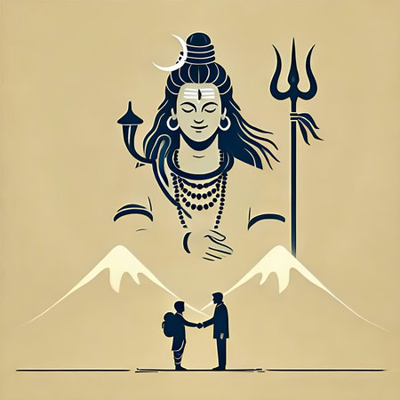 Vector illustration of a man and woman standing on top of a mountain.の素材