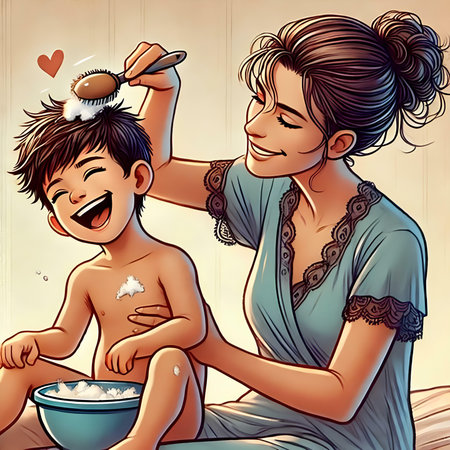 Mother feeding her little daughter with a bowl of milk. Vector illustration.の素材