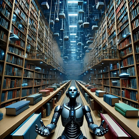 robot in a library. 3d render. robots and booksの素材