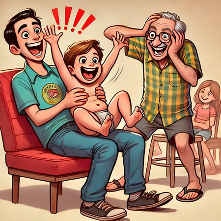 Cartoon illustration of a father and son having fun together at home.の素材