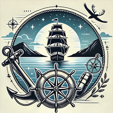 Vintage nautical background with ship, anchor, steering wheel, compass, steering wheel, seagulls and mountains.の素材
