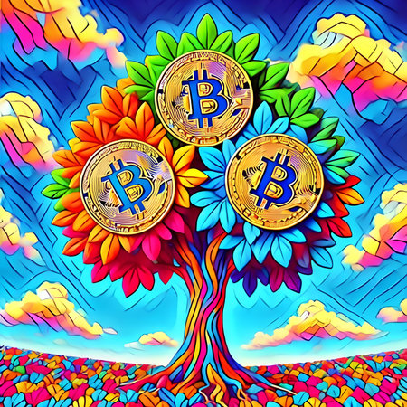 Vector illustration of a tree with golden bitcoins and colorful clouds on the backgroundの素材