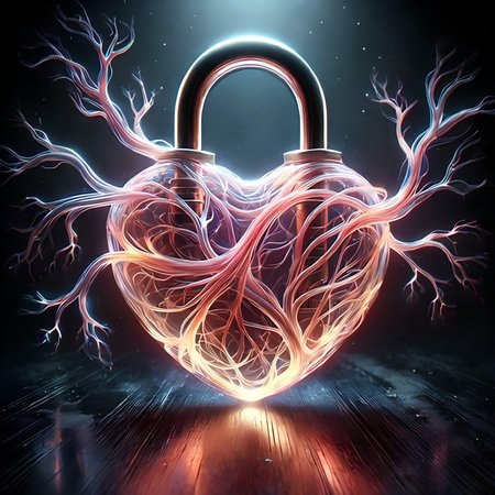 Heart locked in a padlock on a dark background. 3D renderingの素材