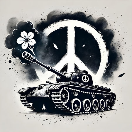 Vintage tank with peace symbol on grunge background. Vector illustration.の素材