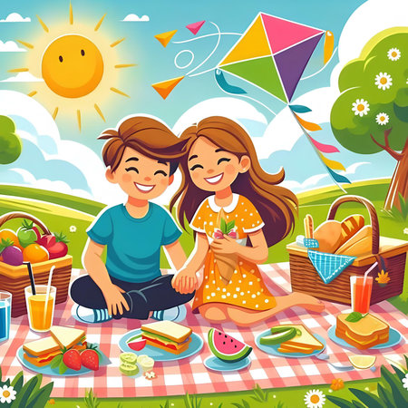 Happy couple having picnic on summer day. Vector illustration in cartoon styleの素材