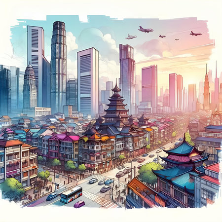 Cityscape with buildings, streets and skyscrapers. Vector illustration.の素材