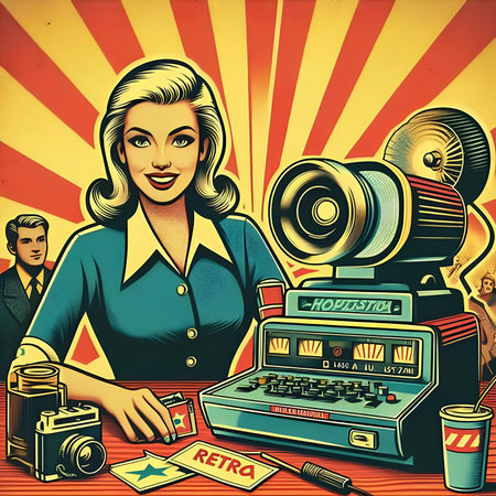 Retro style illustration of a woman with a typewriter and movie cameraの素材