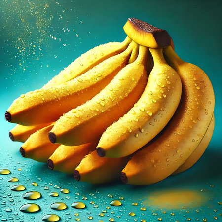Bunch of bananas with water drops on blue background. 3d illustrationの素材