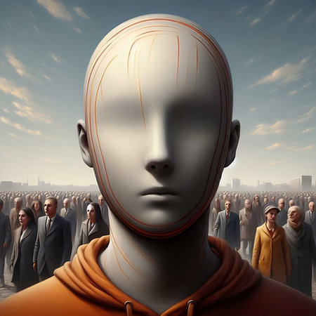 Cyborg head in front of a crowd of people. 3D renderingの素材