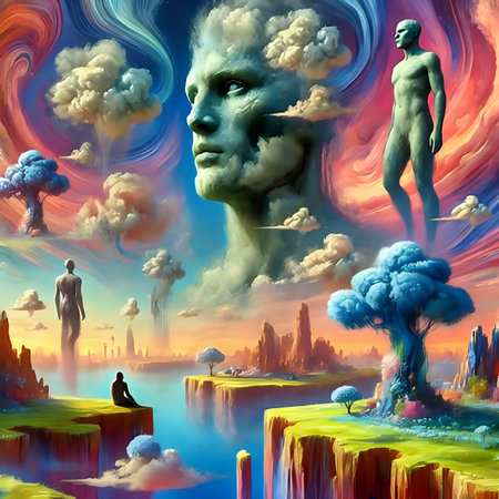 Digital illustration of a female figure in a surreal landscape with smoke cloudsの素材