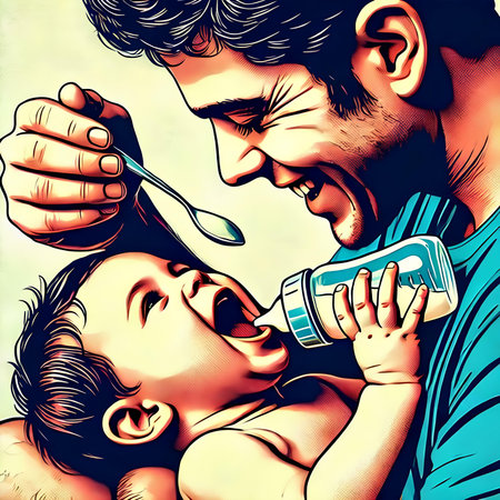 Father feeding his son with a spoon. Pop art retro vector illustrationの素材