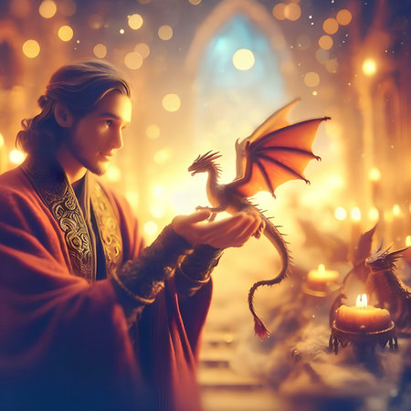 Handsome man with a dragon in his hands. Christmas background.の素材