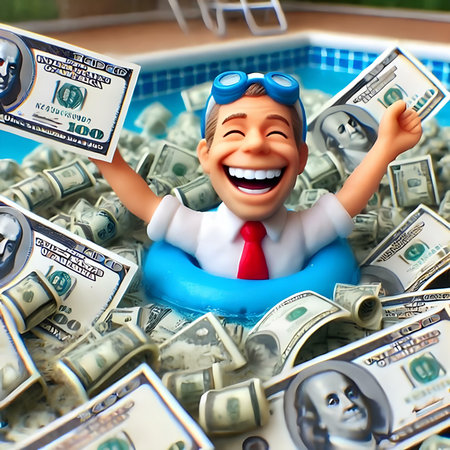 Businessman swimming in a pool of money. 3d illustration.の素材
