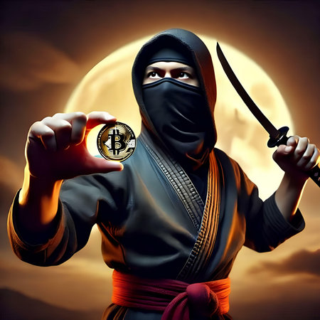 Ninja with a sword and a coin in his hand against the background of the moonの素材