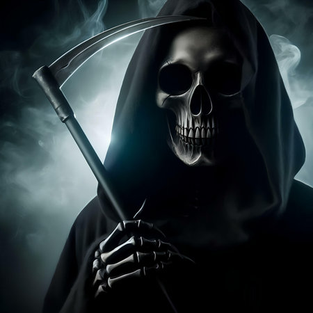 Scary death with scythe and smoke on a dark backgroundの素材