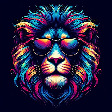 Lion head with sunglasses. Colorful vector illustration for t-shirt print or poster.の素材
