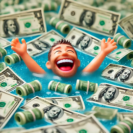 Funny man with money on blue background. 3d illustration.の素材