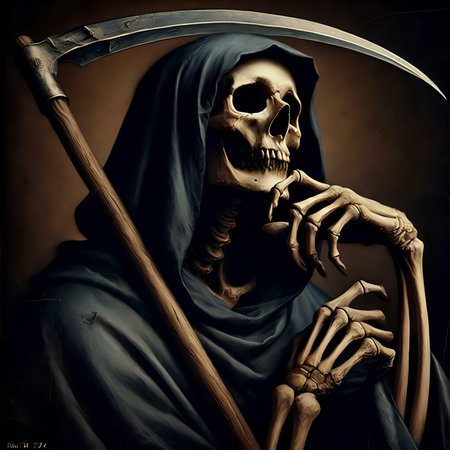 Scary skeleton holding a scythe. Halloween and horror concept.の素材