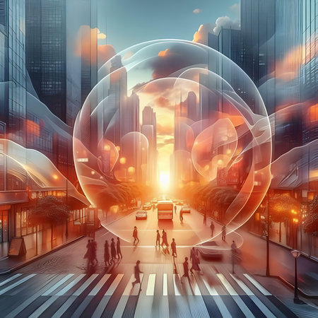 abstract 3d illustration of people walking in the city at sunsetの素材