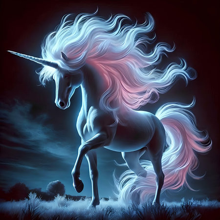 Unicorn with long mane in the field. Fantasy illustration.の素材