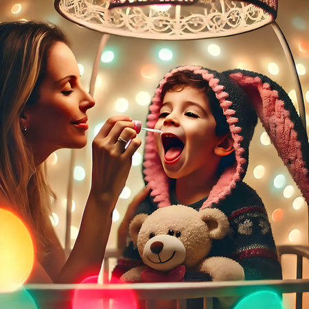 Mother and son in the crib at home with Christmas lights. Merry Christmas and Happy New Year!の素材