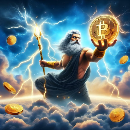 Digital illustration of a god with golden bitcoin against stormy sky backgroundの素材