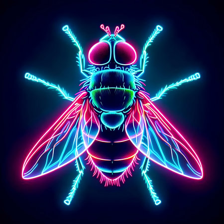 Vector illustration of a fly in neon light on a dark background.の素材