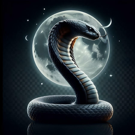 Illustration of a snake on a dark background with moon and starsの素材