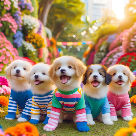 Cute puppies are sitting on the grass in the park with flowers.の素材