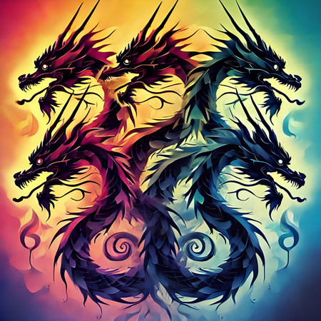 Dragon on a fire background. Vector illustration. Tattoo art.の素材