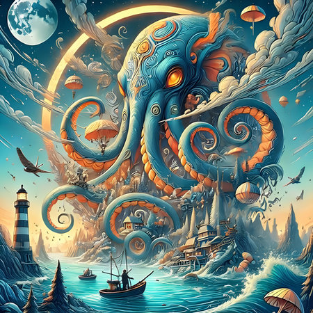 Fantasy sea landscape with octopus on the background of the night skyの素材