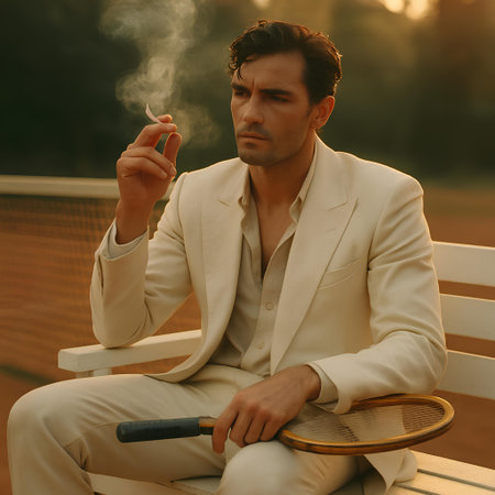 Portrait of a handsome man in a white suit sitting on a bench and smoking a cigarette.の素材