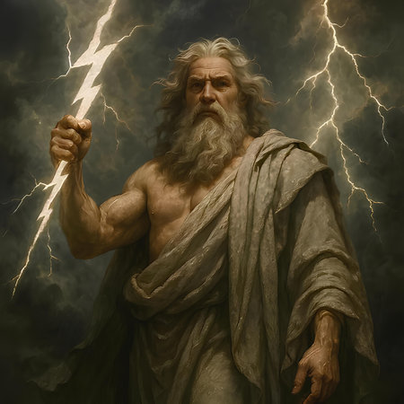 Portrait of a holy man with a long beard and mustache holding a lightning boltの素材