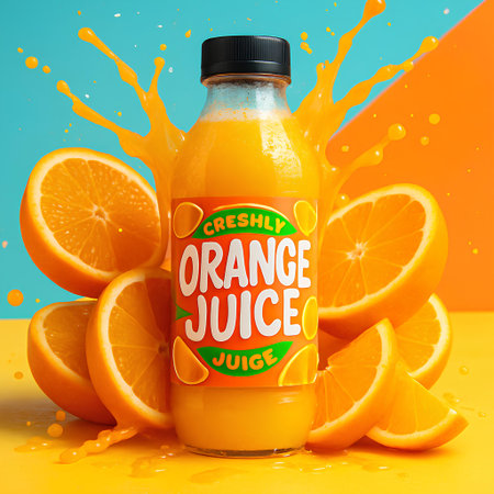 Bottle of orange juice with splashes on a colorful background.の素材