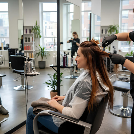 Professional hairdresser doing haircut for young woman in beauty salonの素材