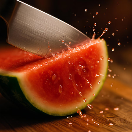 Watermelon with a knife on a wooden table, close-upの素材