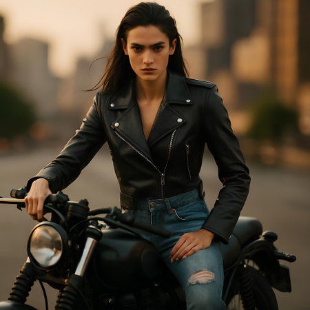 Biker girl in a leather jacket and jeans sits on a motorcycle on a city street.の素材