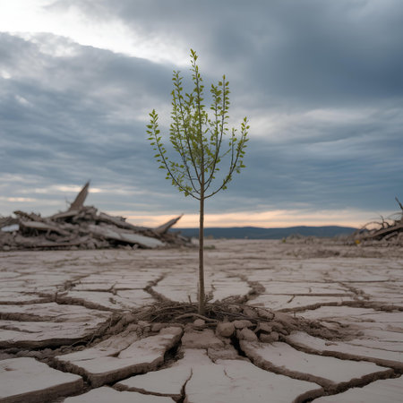 Plant growing on cracked soil, global warming and climate change conceptの素材