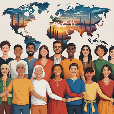 People of different nationalities and cultures over world map background vector illustration graphic designの素材