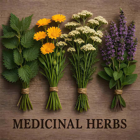 Medicinal herbs on a wooden background. Medicinal herbs. Medical herbs.の素材