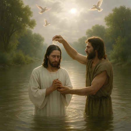 Jesus Christ in the river with the crown of thorns in his hand.の素材