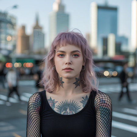young beautiful girl with short purple hair posing in the city of Hong Kongの素材