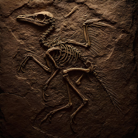 Dinosaur skeleton on brown stone background. 3d render illustration.の素材