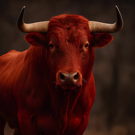 Portrait of a red cow with horns on a dark background.の素材
